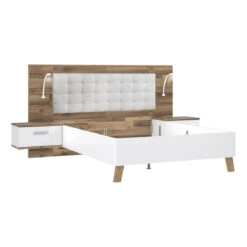 Lit 140x190cm Chevets Intégrés RICCIANO Imitation Chêne Et Blanc