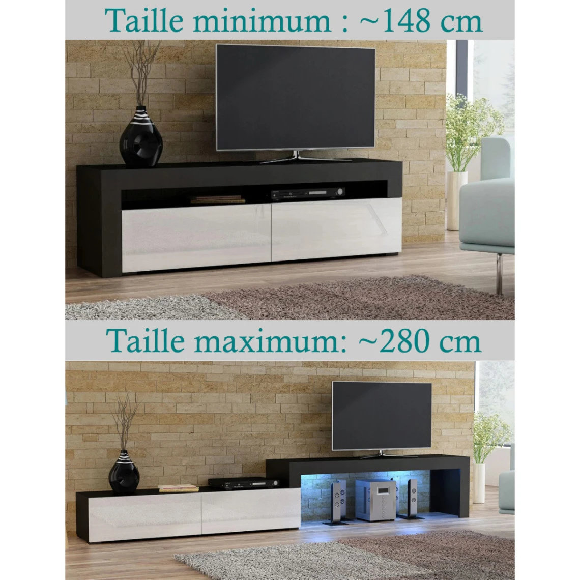 MEUBLE TV FLEX LAQUE BM/BL - EXTENSIBLE OU ANGLE 148 à 280 Cm LED RGB 2 MEUBLE TV FLEX LAQUE BM/BL - EXTENSIBLE OU ANGLE 148 à 280 Cm LED RGB – Image 2