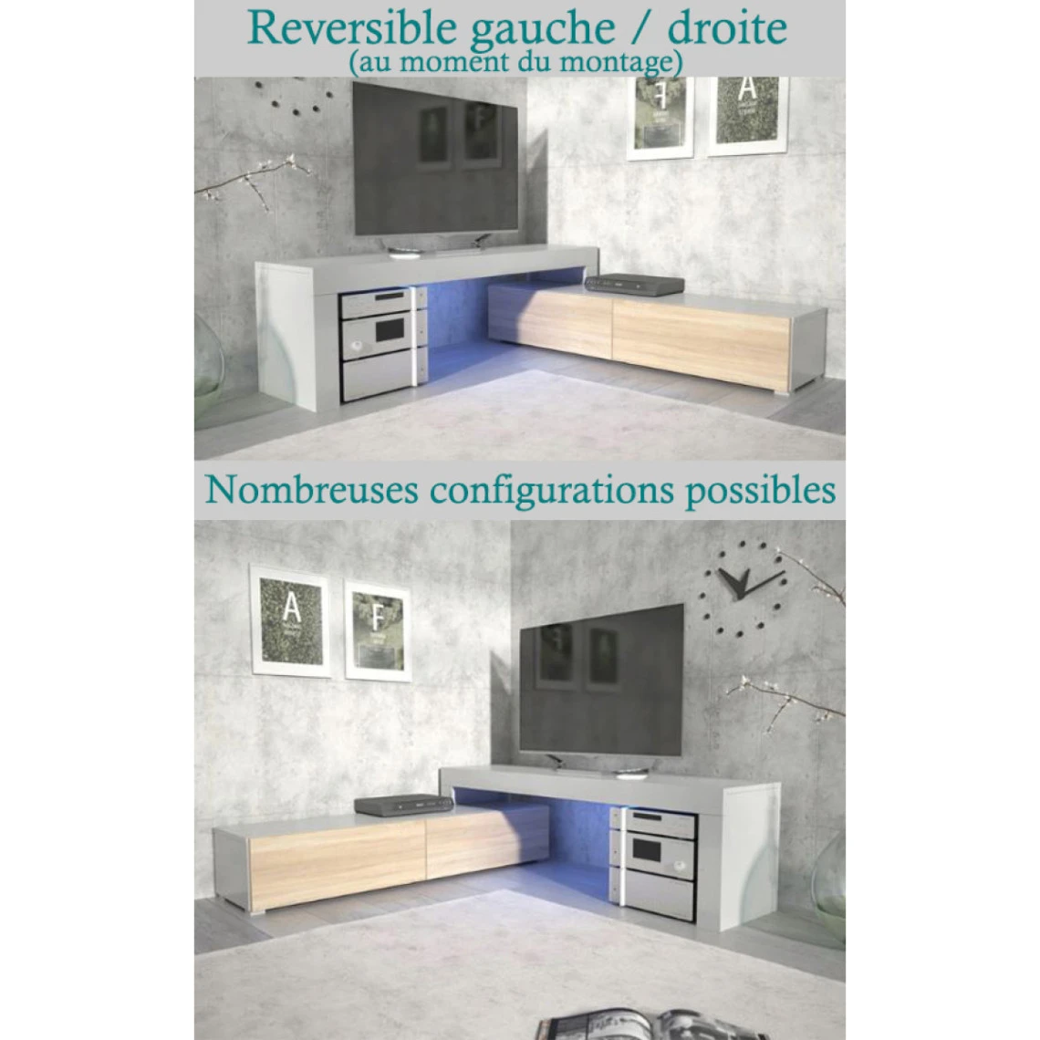 MEUBLE TV FLEX LAQUE BM/BL - EXTENSIBLE OU ANGLE 148 à 280 Cm LED RGB 3 MEUBLE TV FLEX LAQUE BM/BL - EXTENSIBLE OU ANGLE 148 à 280 Cm LED RGB – Image 3