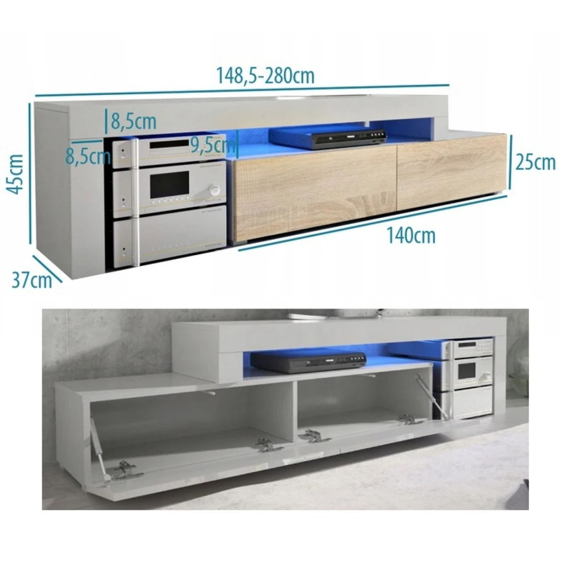 MEUBLE TV FLEX LAQUE BM/BL - EXTENSIBLE OU ANGLE 148 à 280 Cm LED RGB 4 MEUBLE TV FLEX LAQUE BM/BL - EXTENSIBLE OU ANGLE 148 à 280 Cm LED RGB – Image 4