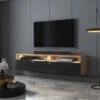 Meuble TV - REDNAW - 140 Cm - Chêne Wotan / Noir Brillant - Avec LED