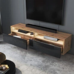 Meuble TV - REDNAW - 140 Cm - Chêne Wotan / Noir Brillant - Avec LED -Maison meuble tv rednaw 140 cm chene wotan noir brillant avec led 10023190 25787998 1140x1140