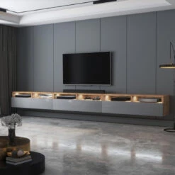 Meuble TV - REDNAW - 300 Cm - Chêne Wotan / Gris Brillant - Avec LED