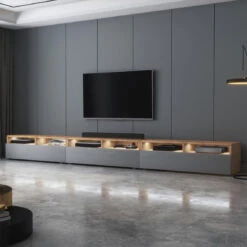 Maison -Maison meuble tv rednaw 300 cm chene wotan gris brillant avec led 10023364 25788324 1140x1140